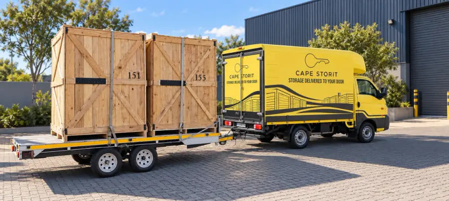A Cape Storit truck and trailer loaded with two numbered wooden storage pods