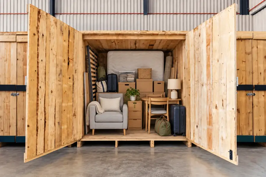 A household’s furniture, mattress and boxes packed into a Cape Storit wooden storage pod